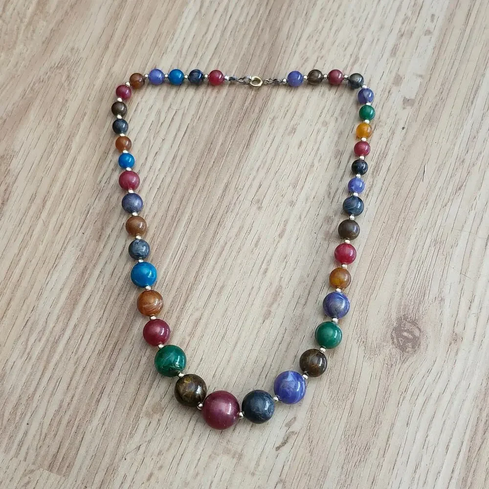 Multicolor Marbled Acrylic Bead Necklace Graduated Gold‎ Spacer Boho 19 Inch